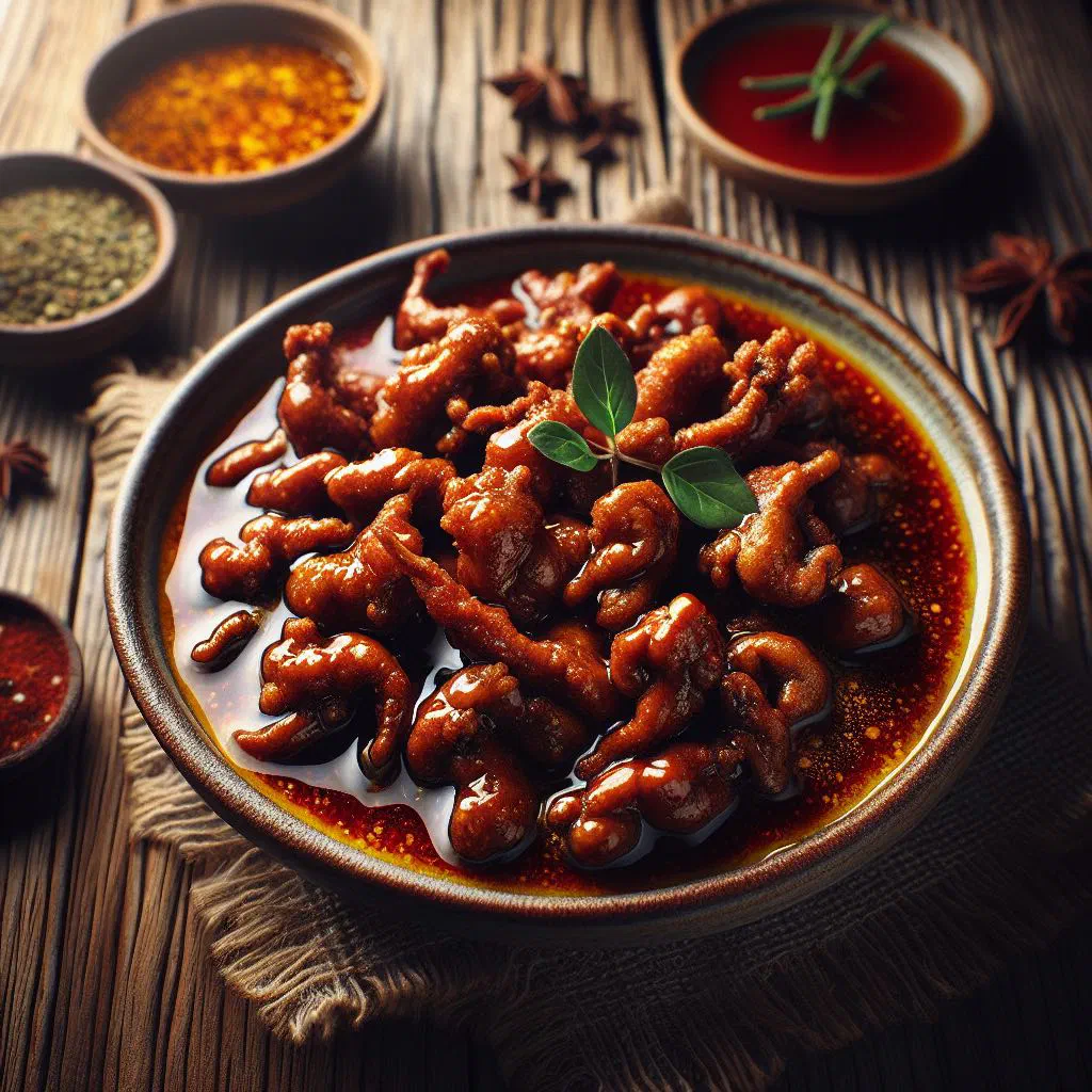 Fried gizzards in a spicy tomato sauce garnished with fresh parsley