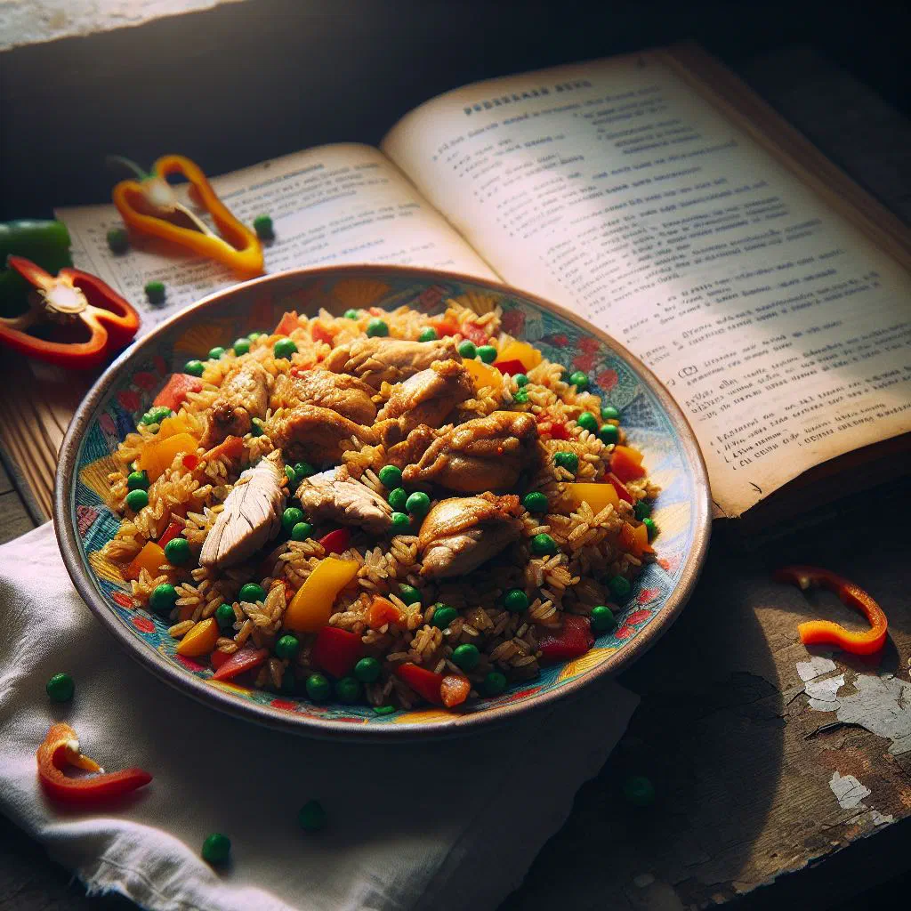 Ghanaian fried rice with chicken, peas and peppers on a plate
