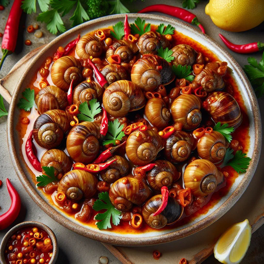 Golden fried snails served with a spicy pepper sauce and fresh herbs