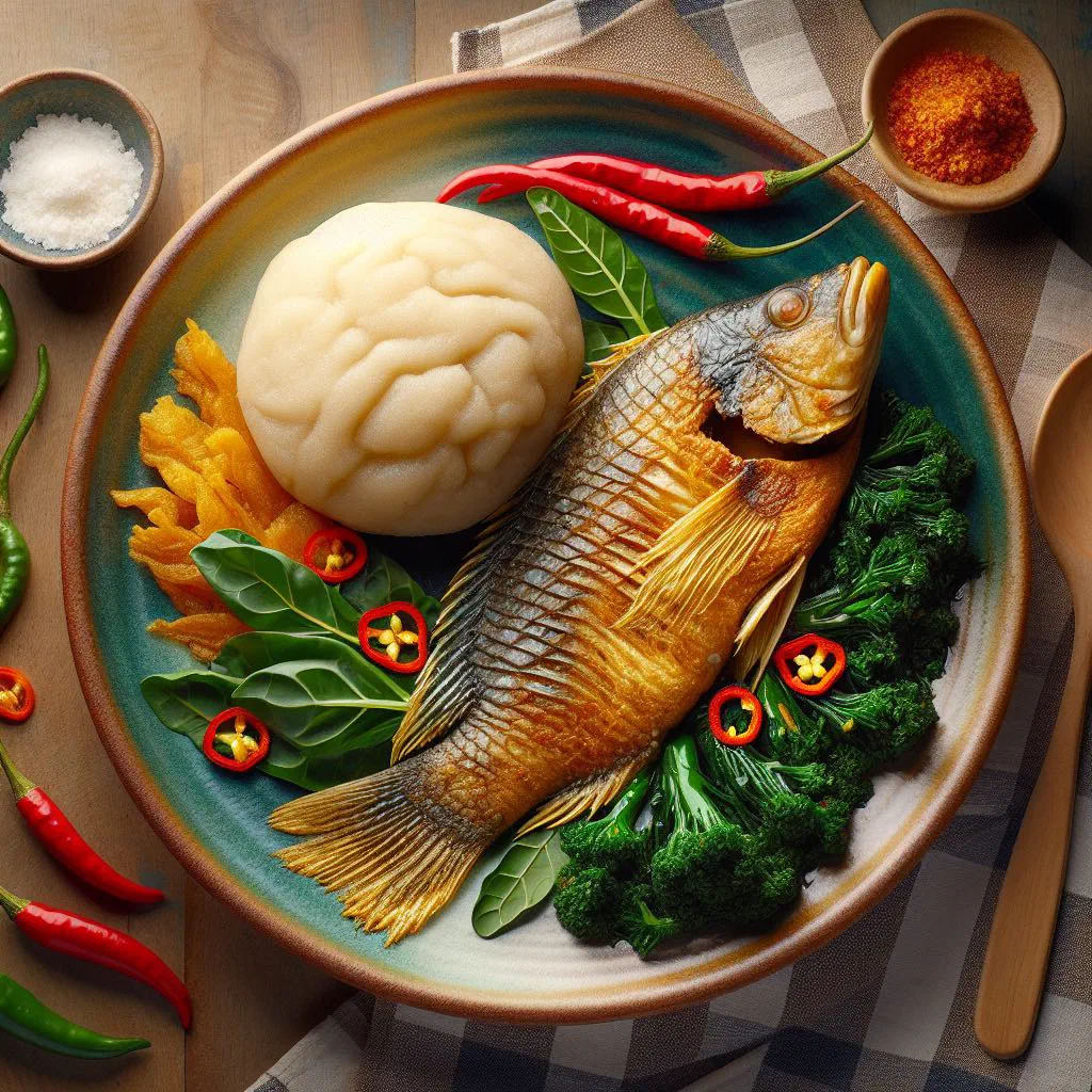 Golden fried tilapia served with soft balls of banku, onions and chilli