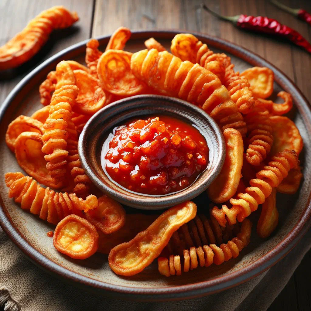Golden fried yam chips served with a fiery red pepper sauce