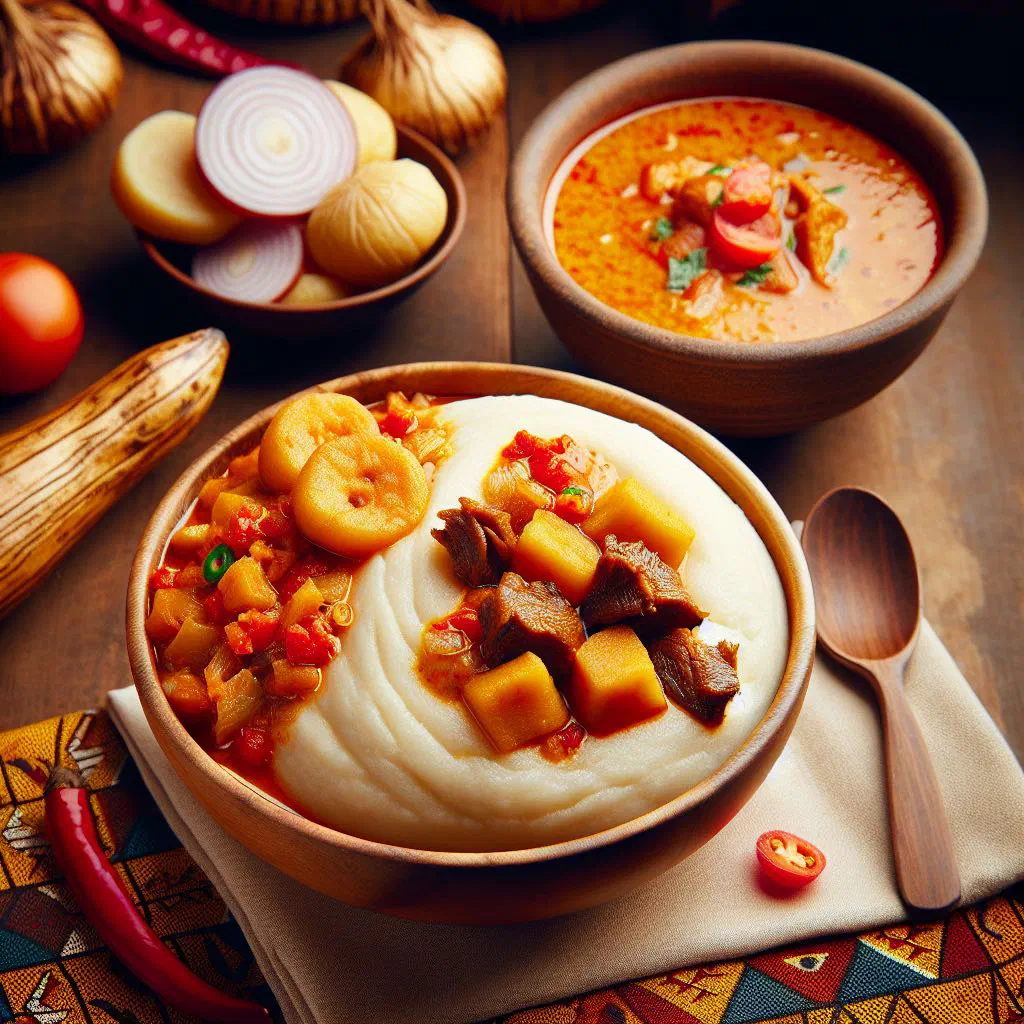 Smooth balls of fufu served with a bowl of aromatic light soup
