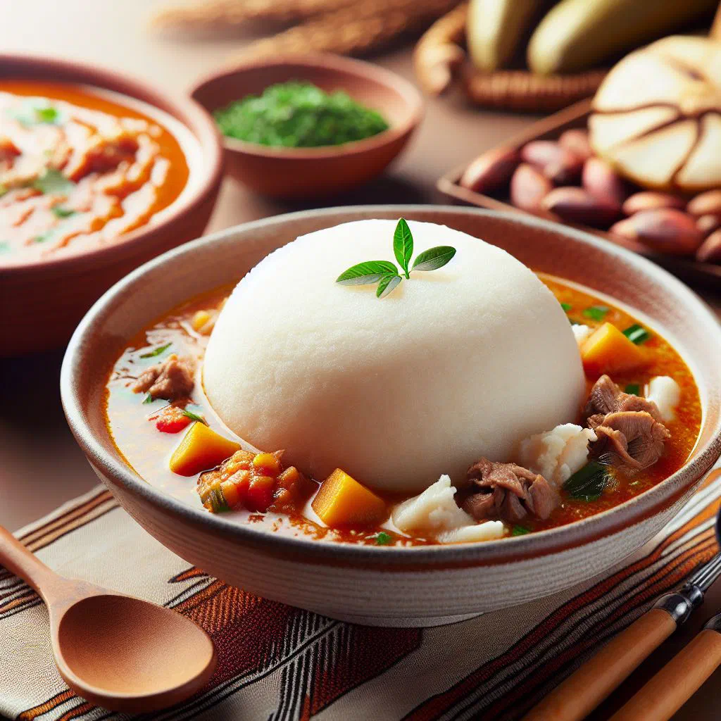 Smooth fufu balls served with a rich, red palm nut soup