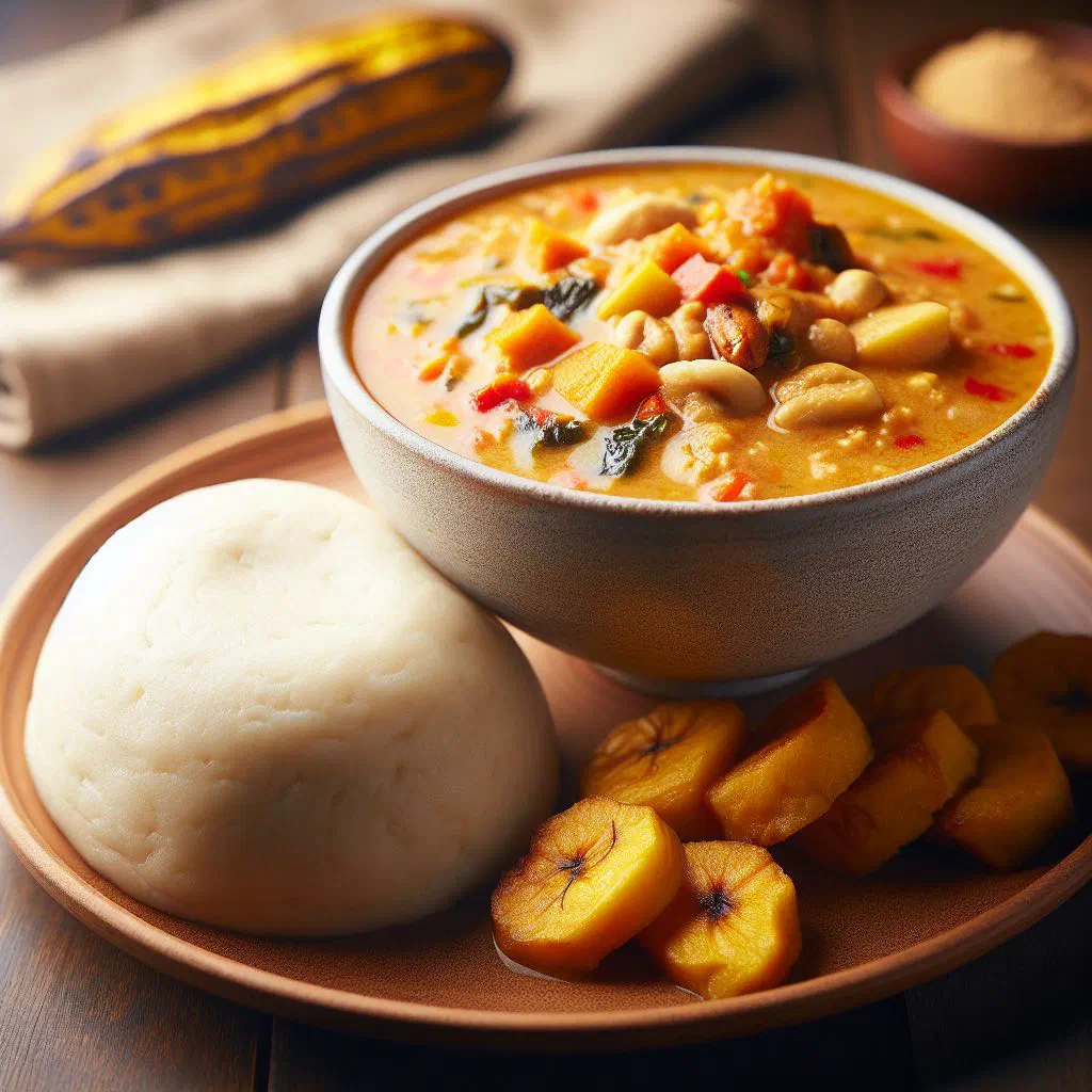 A bowl of smooth fufu served with rich, nutty peanut soup