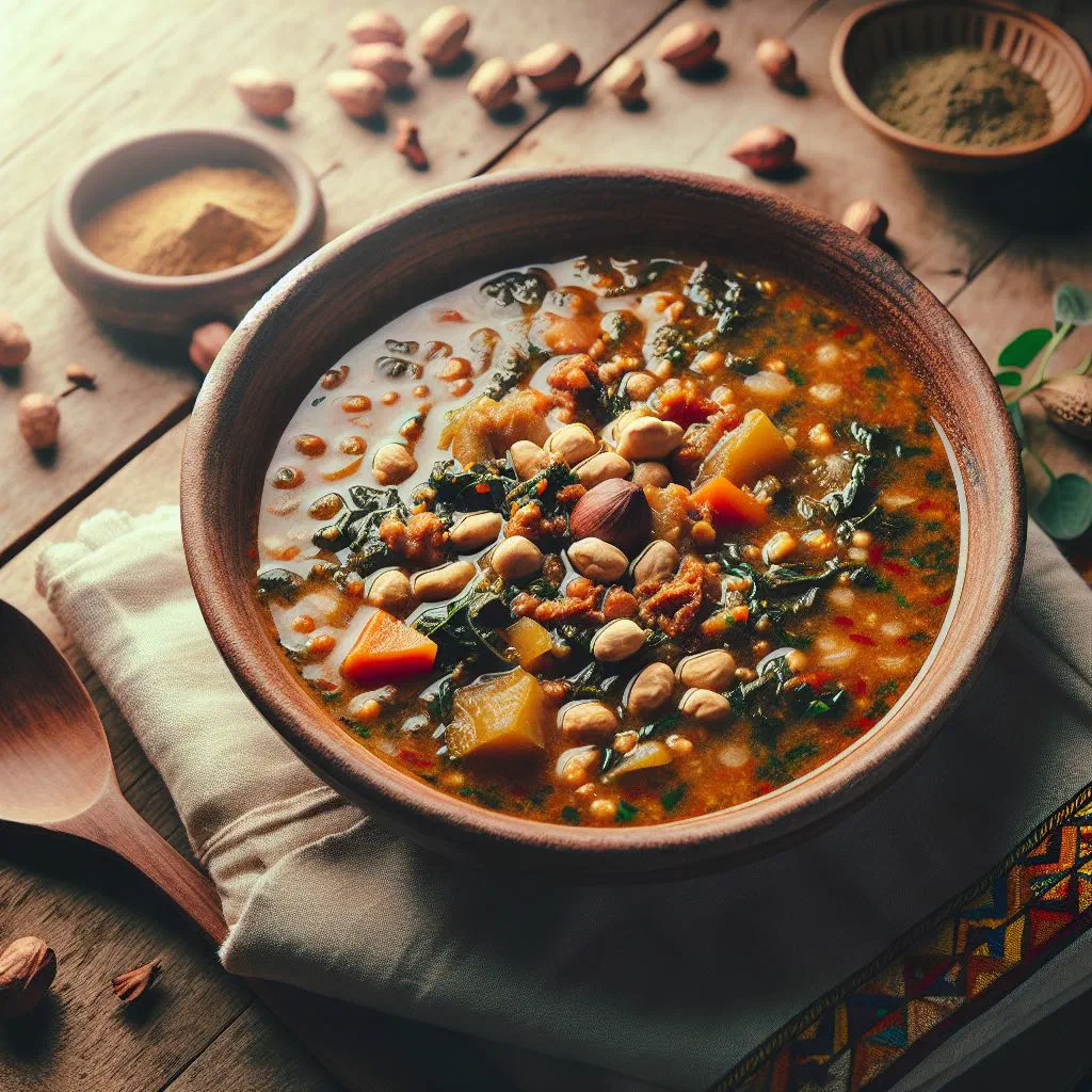 Creamy Ghanaian Ga groundnut soup garnished with fresh coriander