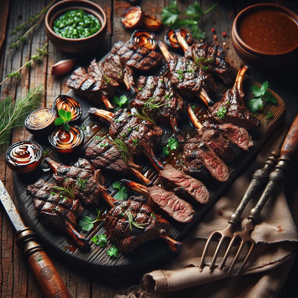 Skewers of grilled goat meat garnished with fresh herbs