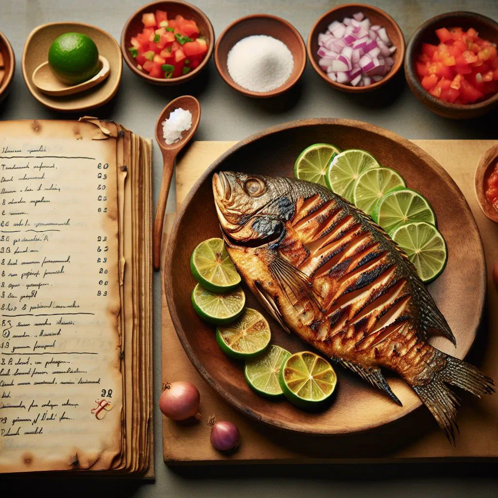 Whole grilled tilapia garnished with fresh herbs and lime