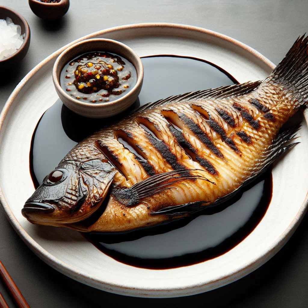 Grilled tilapia served with a small dish of dark shito chilli sauce and fresh vegetables