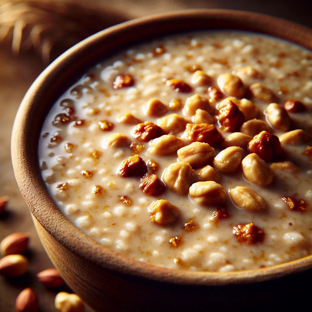 Bowl of creamy Ghanaian groundnut porridge topped with peanuts