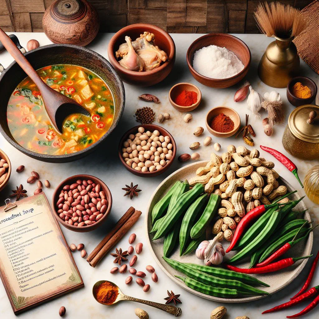 A bowl of rich Ghanaian groundnut soup with a deep peanut-red broth