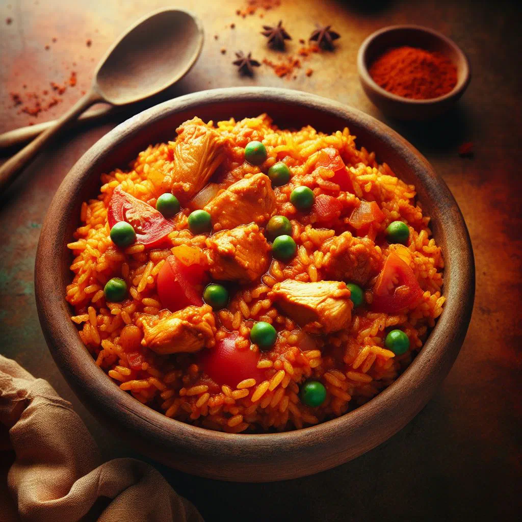 A bowl of Ghanaian jollof rice cooked in a rich tomato sauce