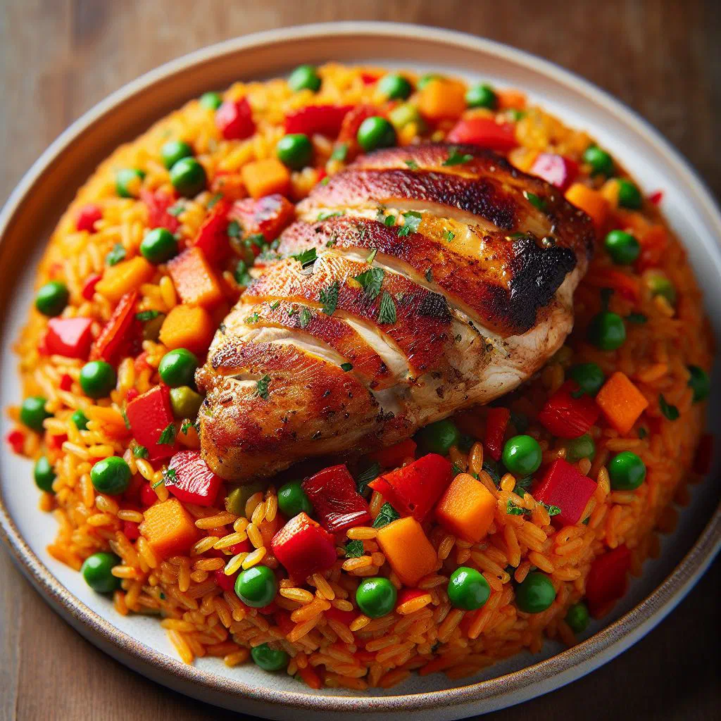 Ghanaian jollof rice with chicken and a rich tomato sauce