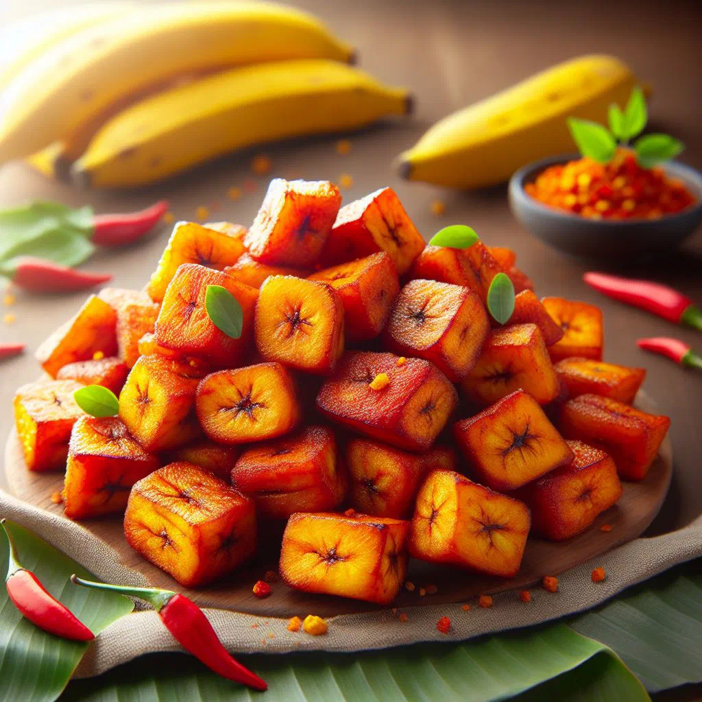 Golden fried spiced plantain cubes served on a plate
