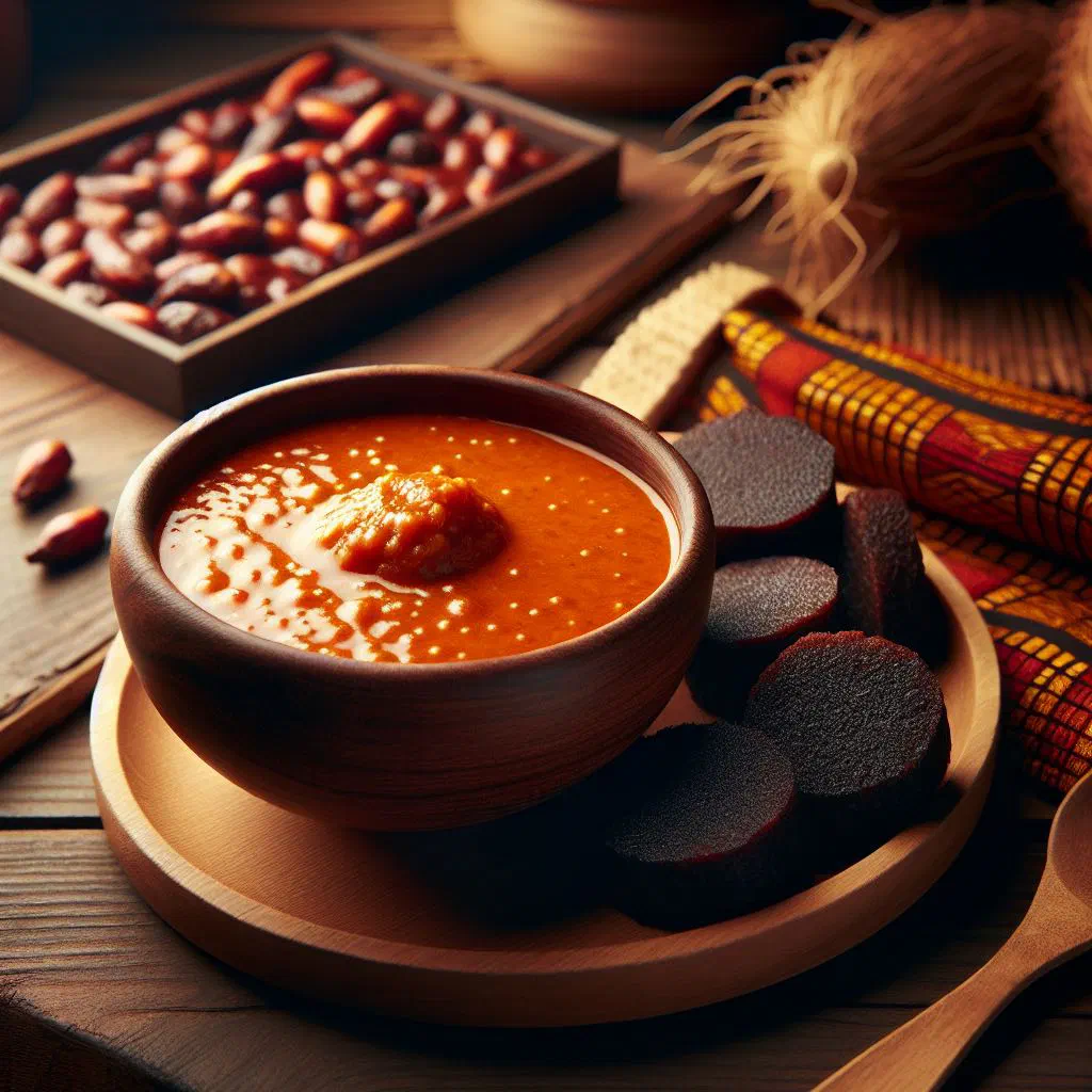 A bowl of rich red palm nut soup served with a portion of smooth kokonte