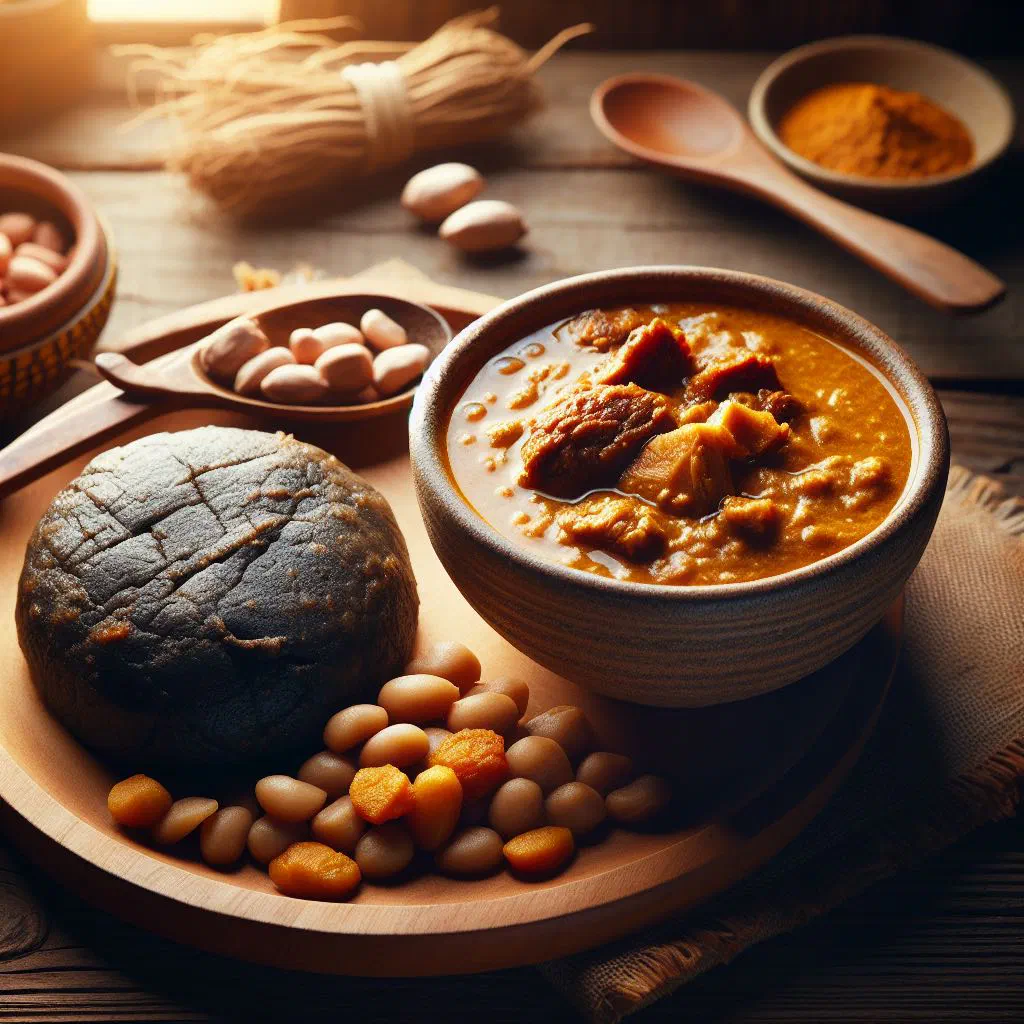 Dark kokonte dumplings served with a bowl of creamy peanut soup