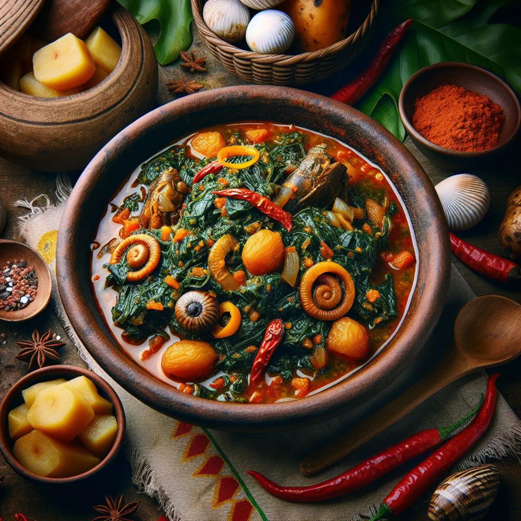 Ghanaian kontomire stew of leafy greens in a rich tomato sauce