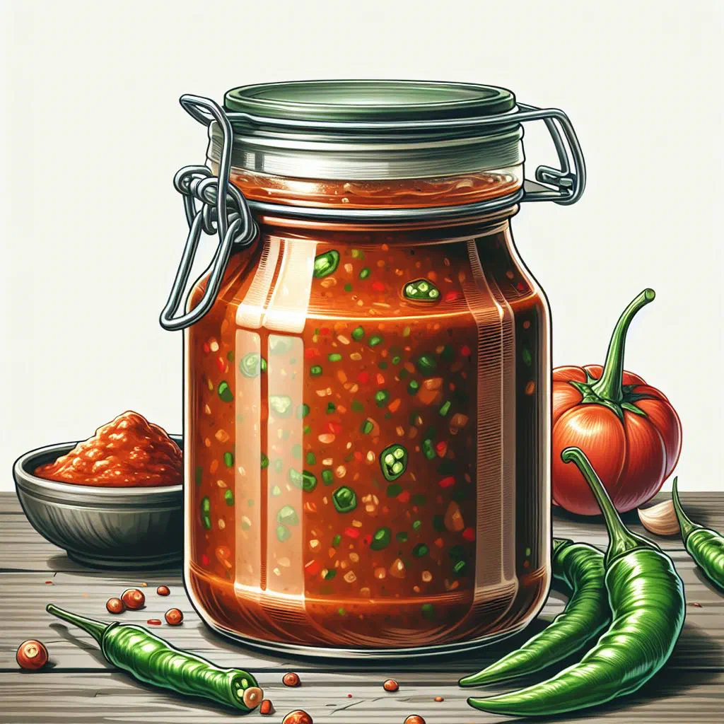 Bowl of bright red Kpakpo Shito chilli sauce garnished with fresh herbs