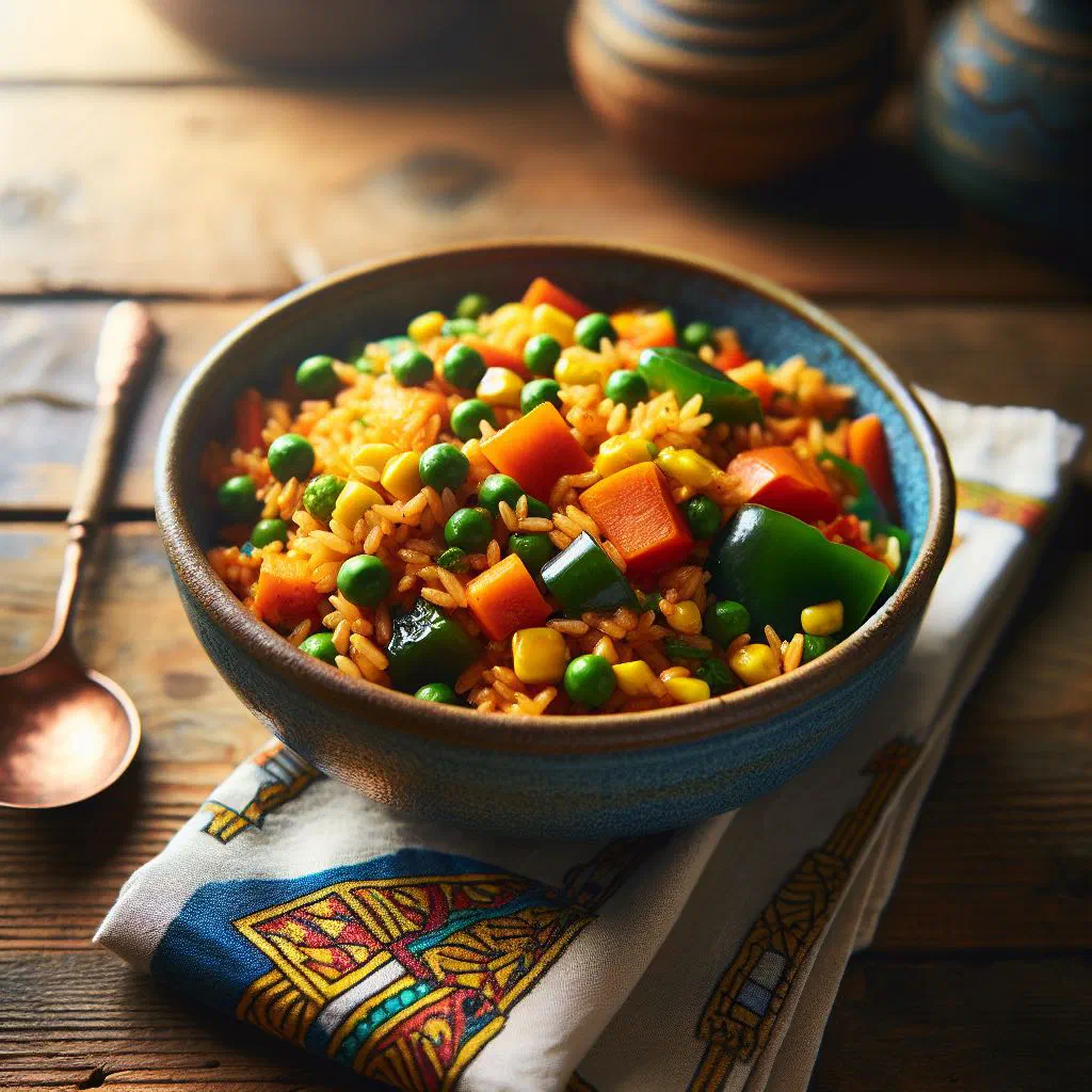 Mixed vegetable jollof rice with peas, peppers and carrots in a spiced tomato sauce