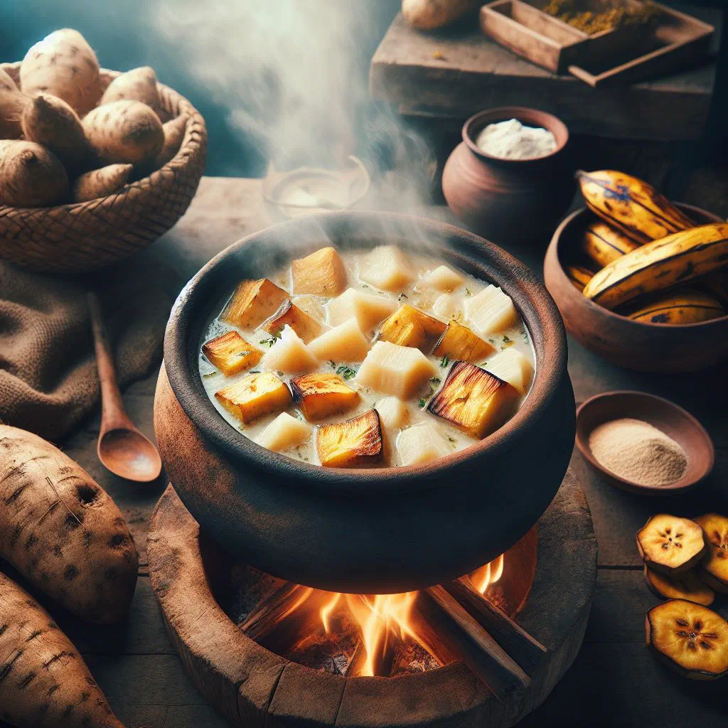 Bowl of creamy Ghanaian mpotompoto porridge made from yam and plantain