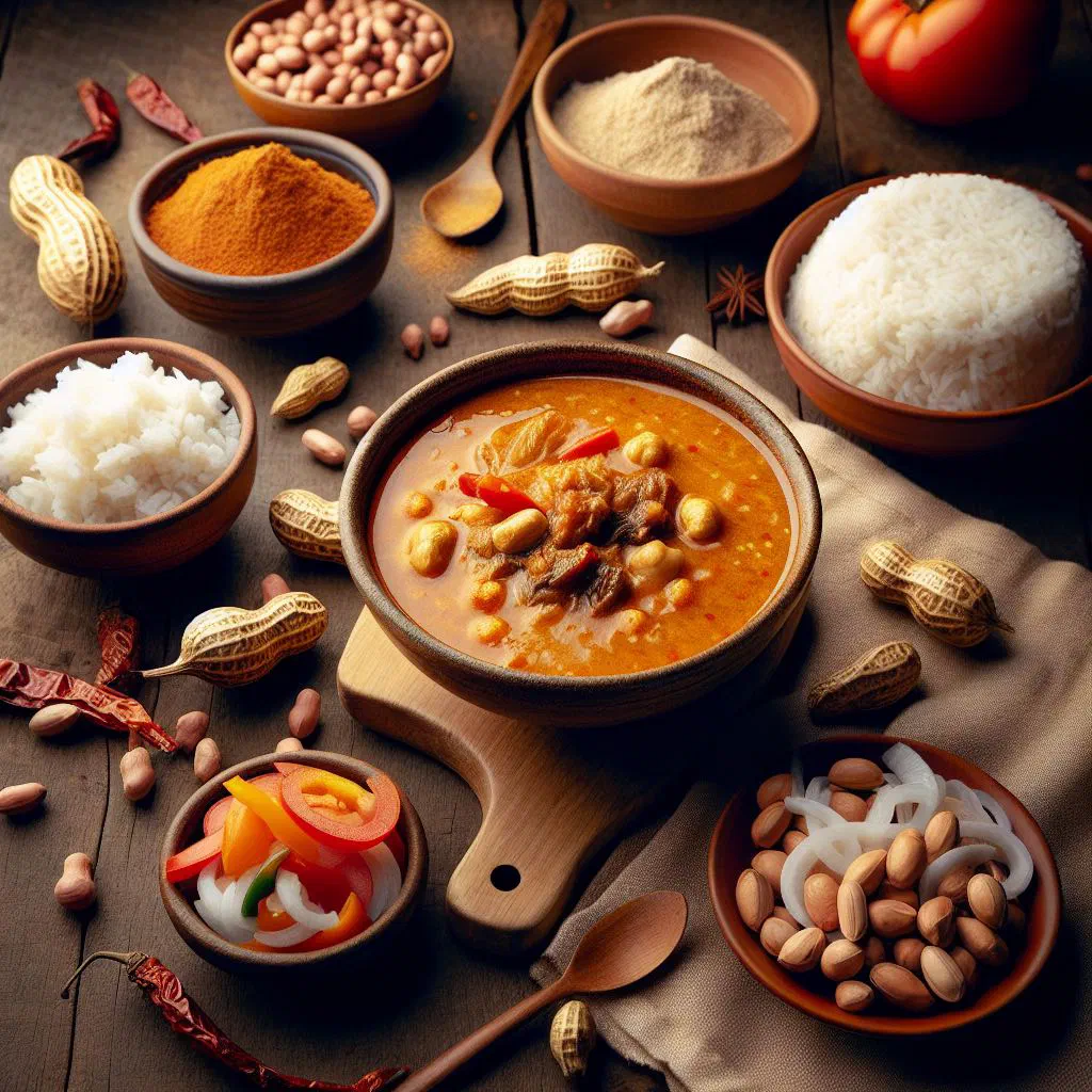 Bowl of Ghanaian nkatenkwan peanut soup with tender chicken