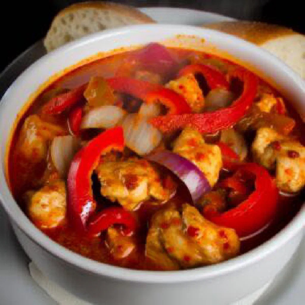 Bowl of Ghanaian nkwan soup with tender meat, tomatoes and fresh herbs