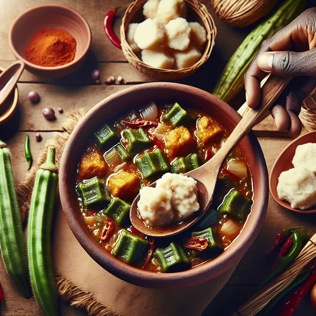A bowl of smooth okra fufu with sautéed okra and onions