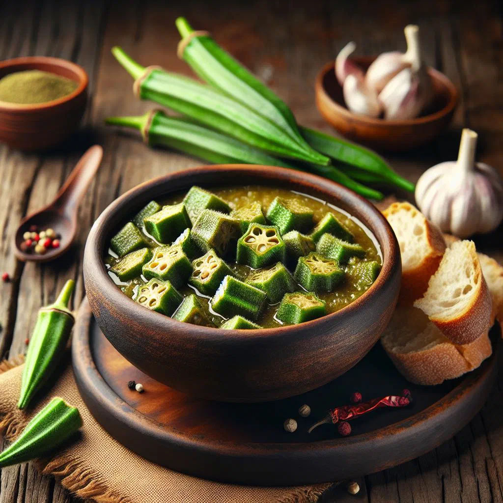 A bowl of Ghanaian okra stew with tomatoes and spices
