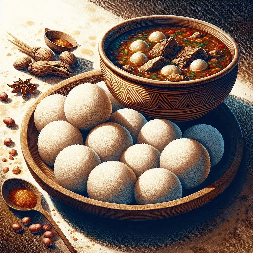 Soft rice balls served with a rich, spiced groundnut soup