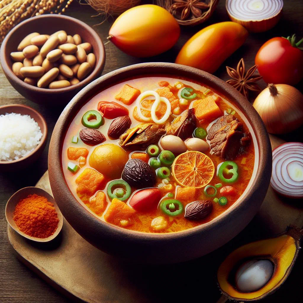 A bowl of rich red palm nut soup with tender pieces of meat