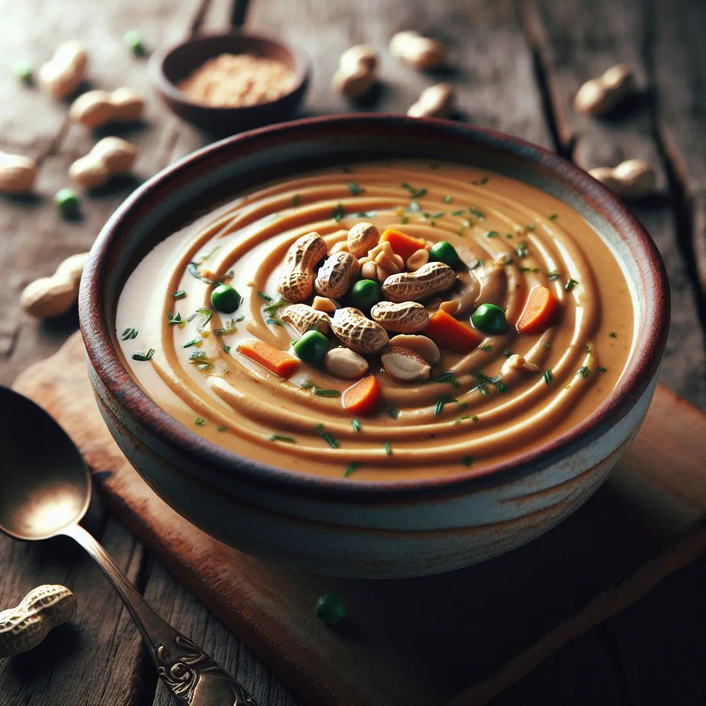 A bowl of creamy Ghanaian peanut butter soup garnished with fresh herbs