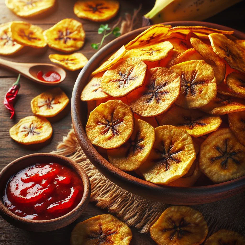 Golden, crisp plantain chips piled in a bowl
