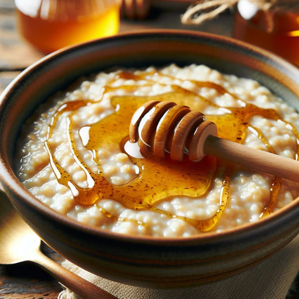 Creamy bowl of porridge drizzled with honey and topped with fresh fruit