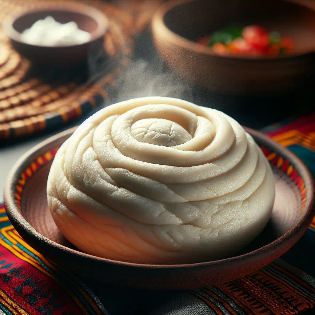 Smooth mound of pounded yam served with a rich West African stew