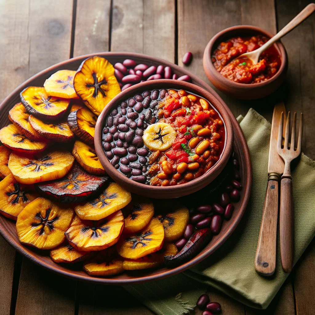 Ghanaian red red bean stew served with golden fried plantain