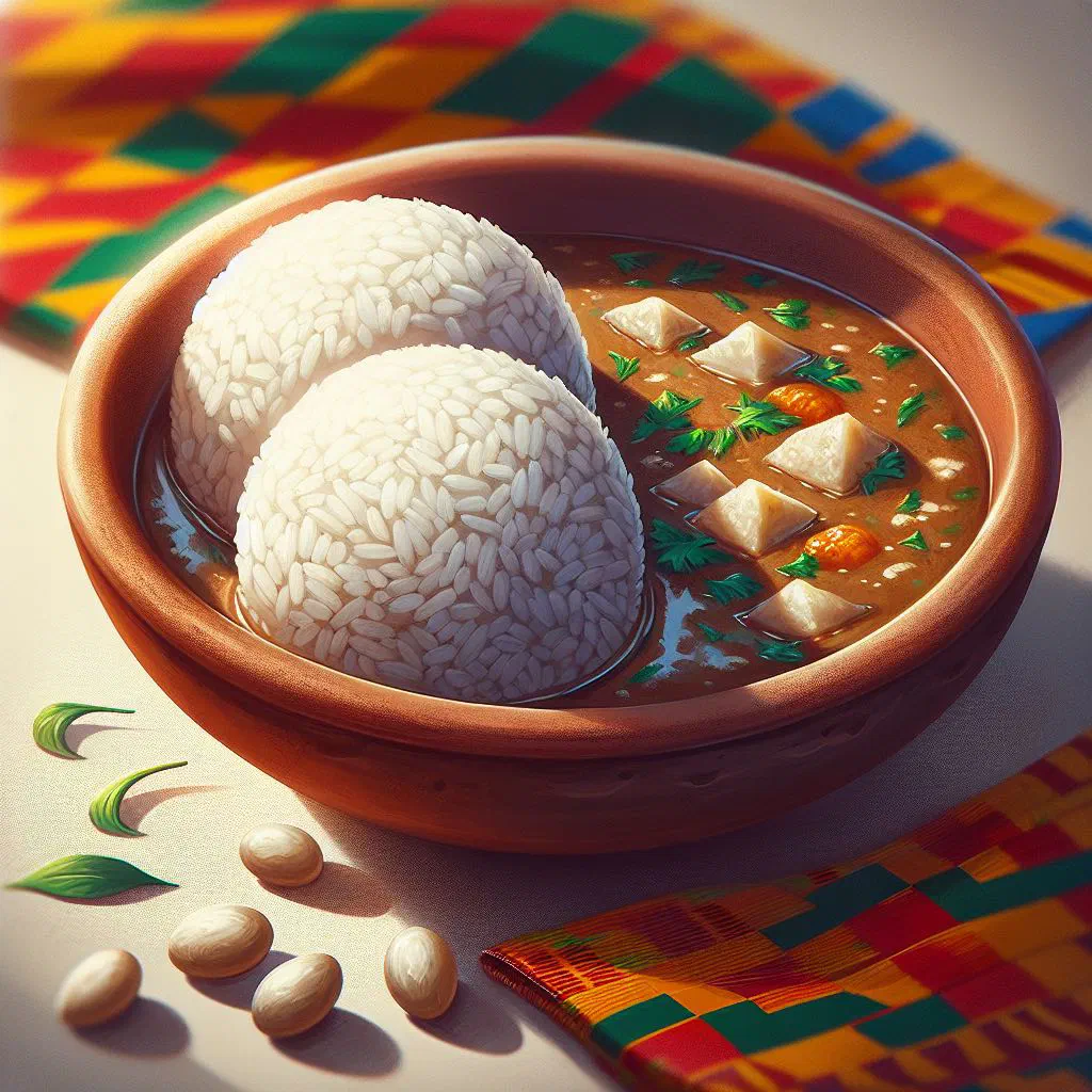 Soft rice balls served in a rich, spiced groundnut soup