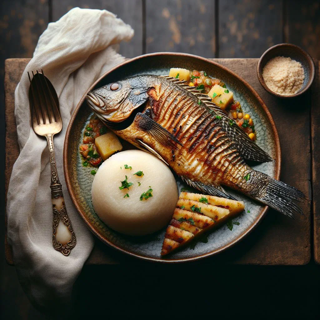 Whole roasted tilapia served with a portion of soft white banku