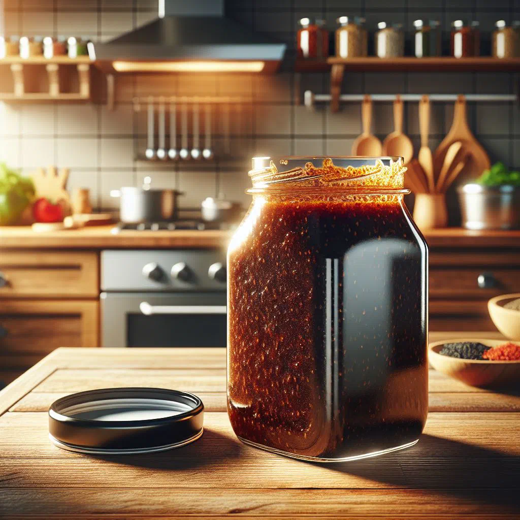 Dark, glossy Ghanaian shito sauce served in a small bowl