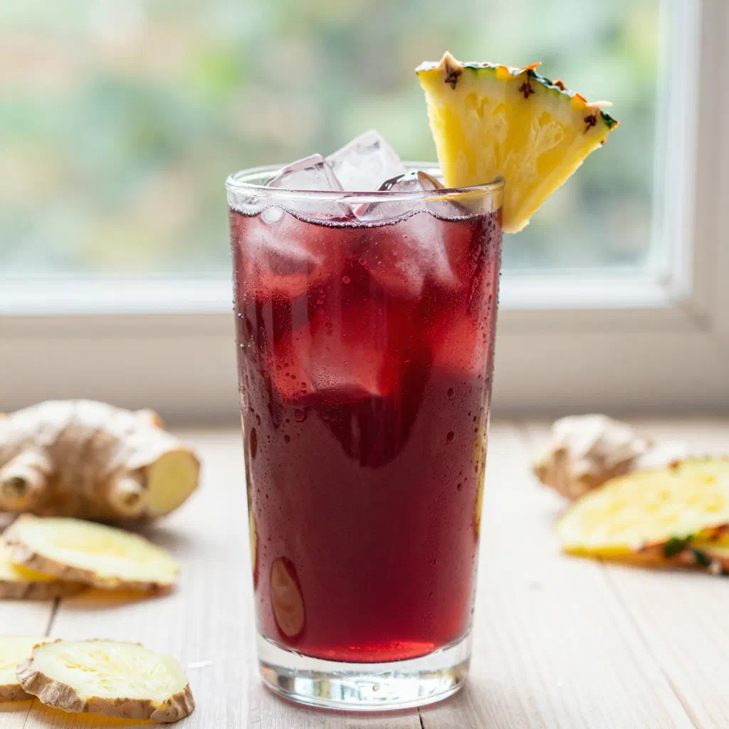 A tall glass of bright red sobolo hibiscus drink garnished with fresh mint