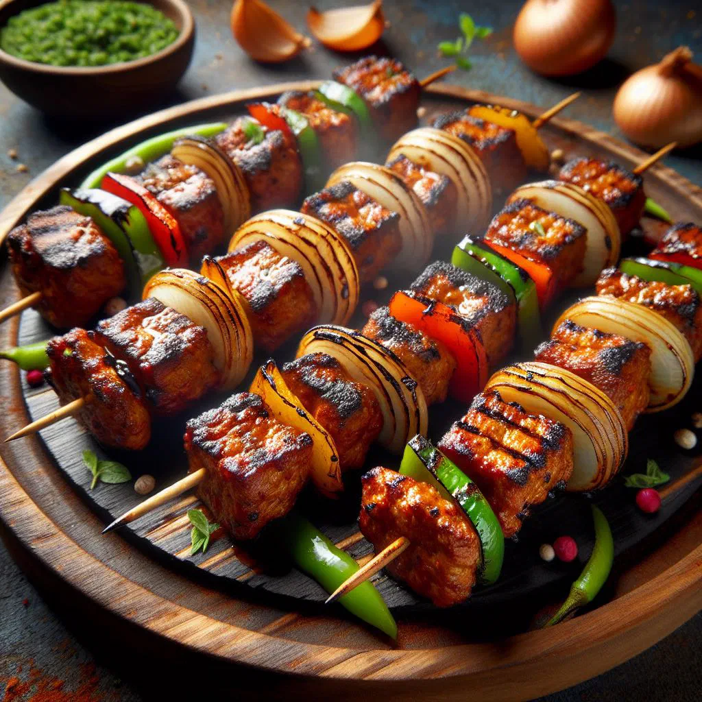 Grilled soya kebab skewers with marinated tofu cubes
