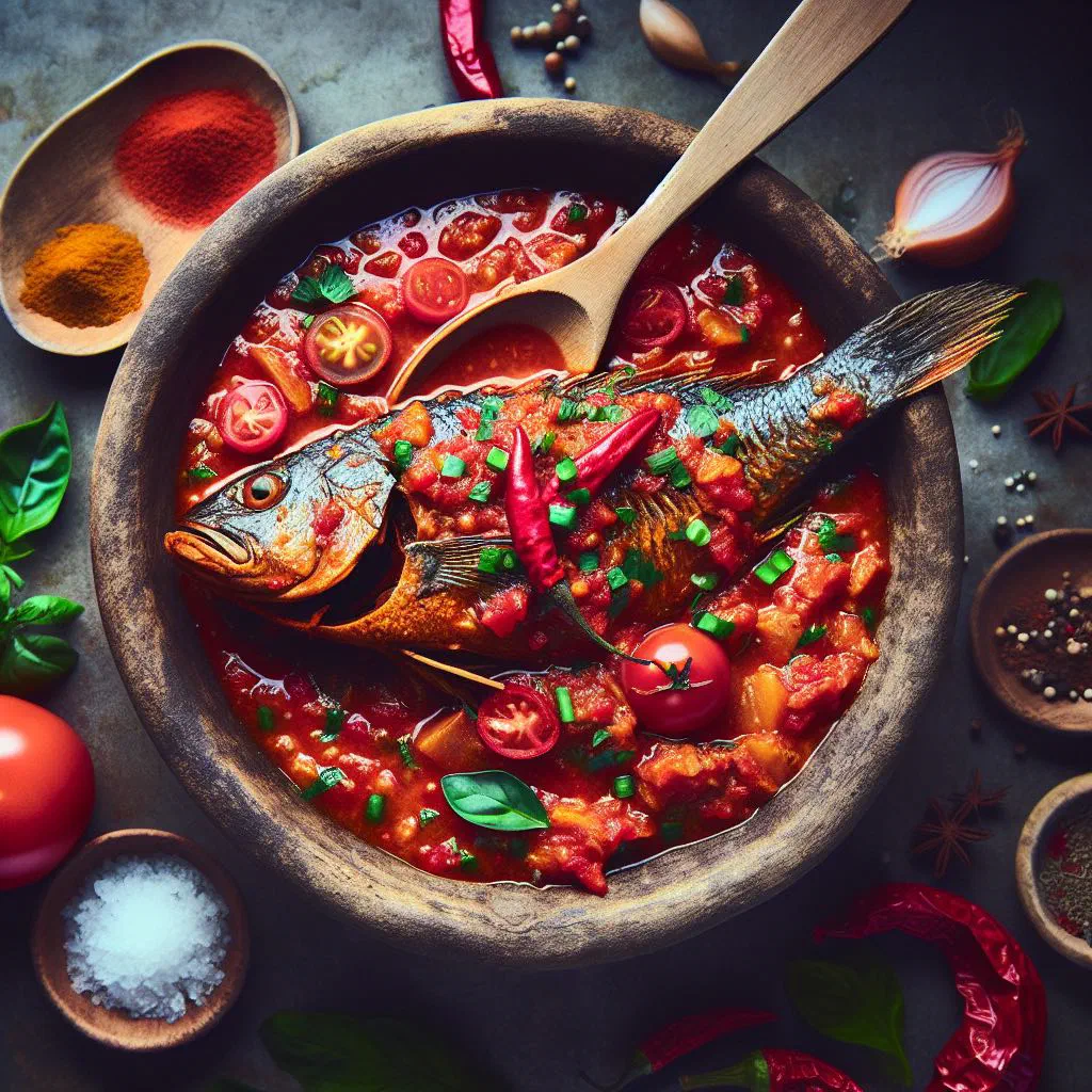 Spicy Ghanaian fish stew with tomatoes and chillies, garnished with fresh herbs