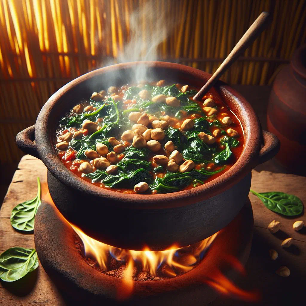 Creamy Ghanaian spinach and groundnut stew served with rice