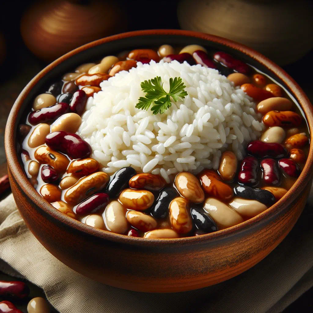 Sweet beans with rice garnished with fresh herbs on a plate