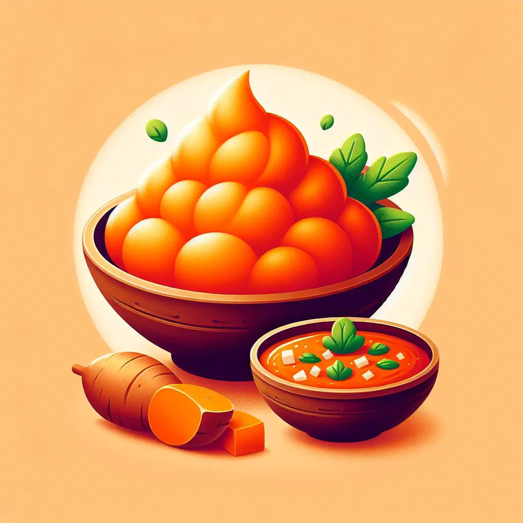 Smooth sweet potato fufu served in a bowl beside a rich stew