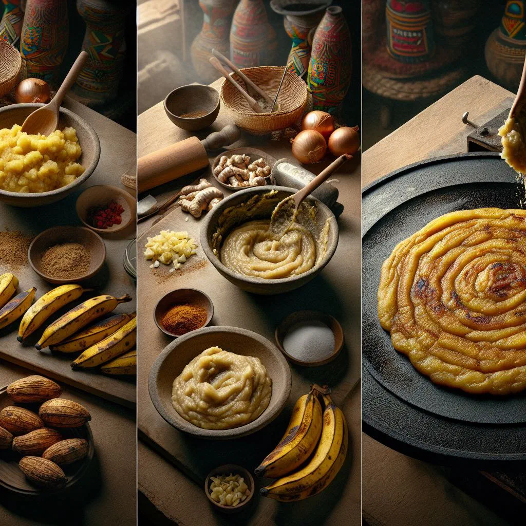 Golden fried tatale plantain pancakes stacked on a plate