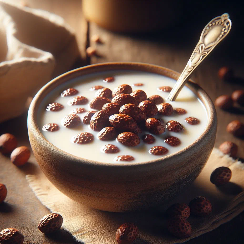 Creamy tiger nut pudding served in a glass, garnished with nuts