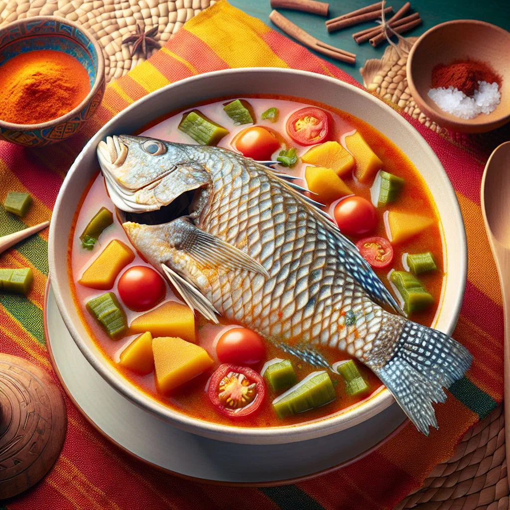 A bowl of Ghanaian tilapia light soup with fish in a spiced tomato broth