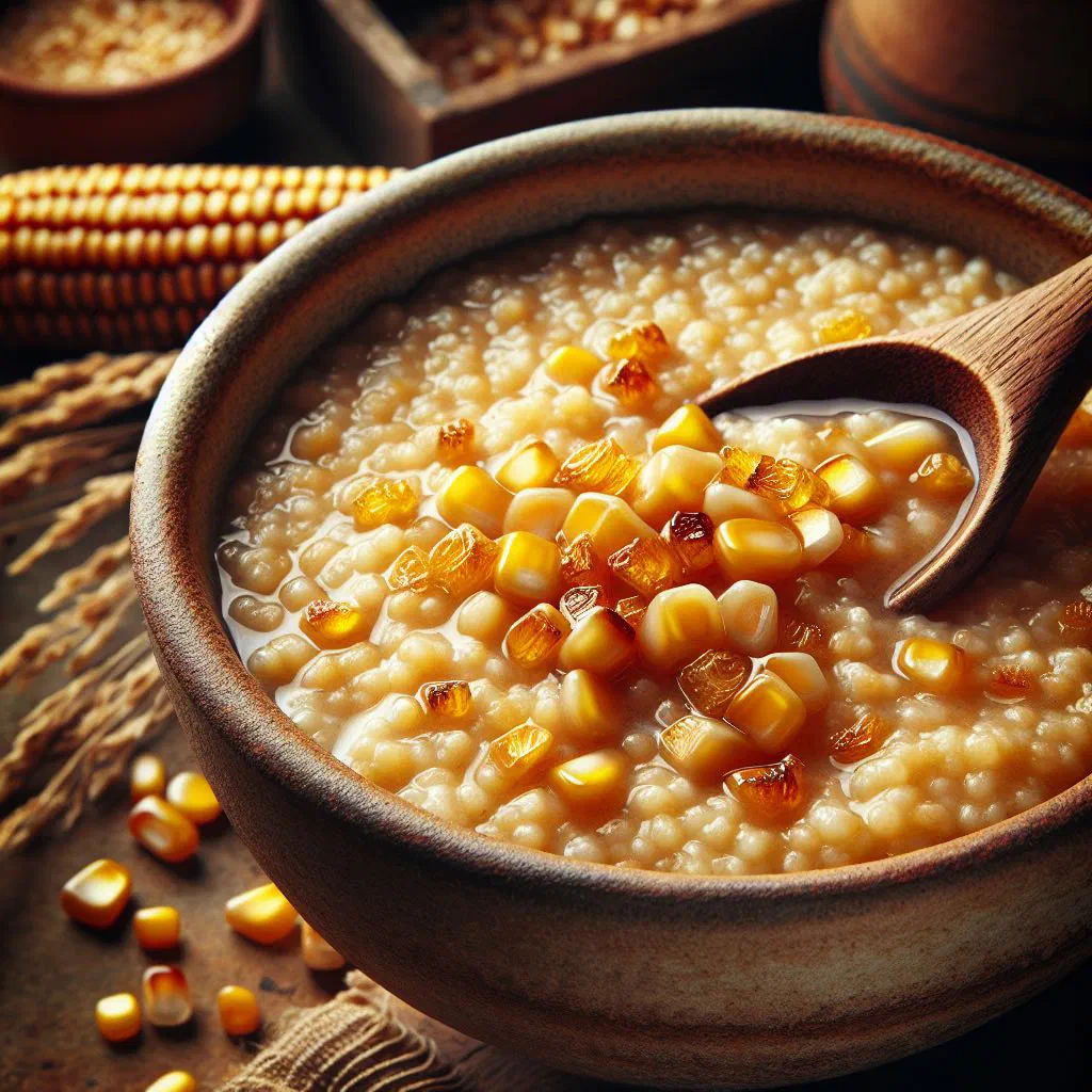 Bowl of creamy Ghanaian Tom Brown maize porridge topped with fresh fruit