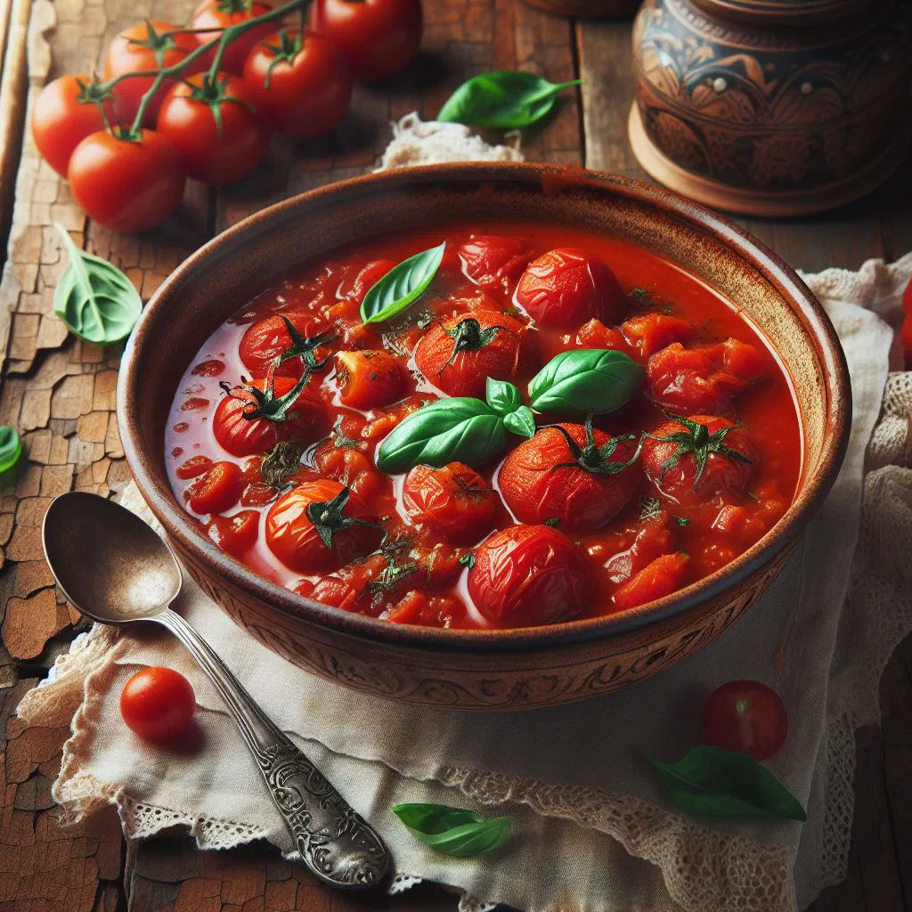 Rich red Ghanaian tomato stew in a bowl with peppers and onions