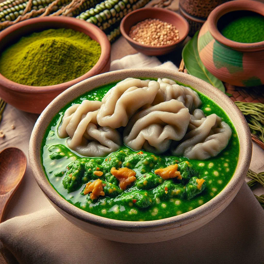 Smooth mounds of tuo zaafi served with a bowl of green ayoyo soup