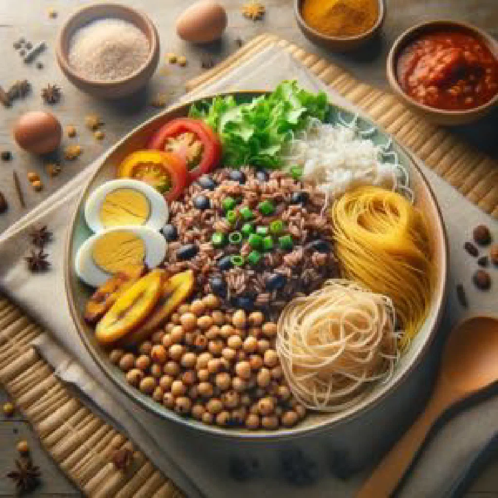 A bowl of Ghanaian waakye rice and beans with shito and salad